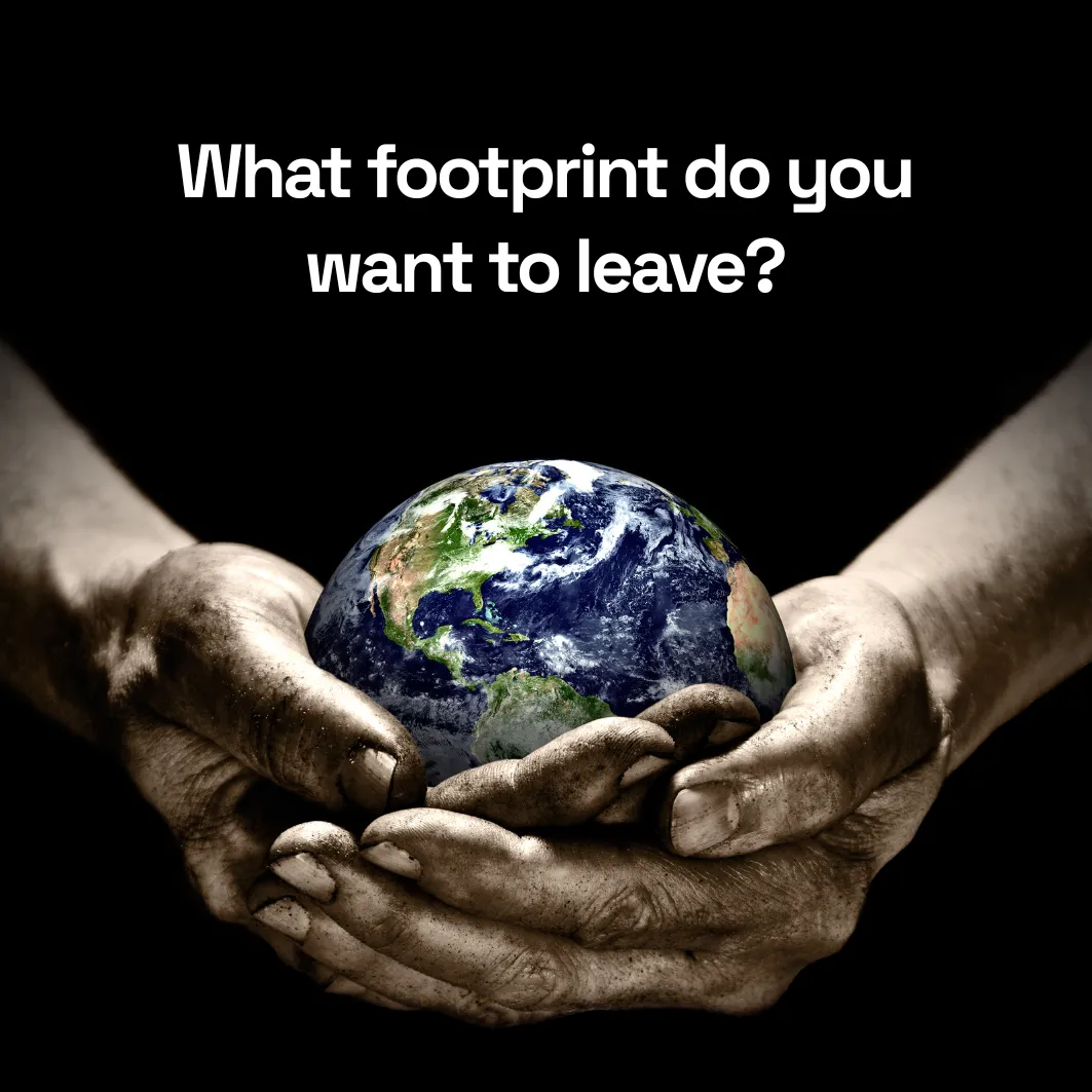Soiled hands holding a vibrant living Earth, asking what footprint do you want to leave